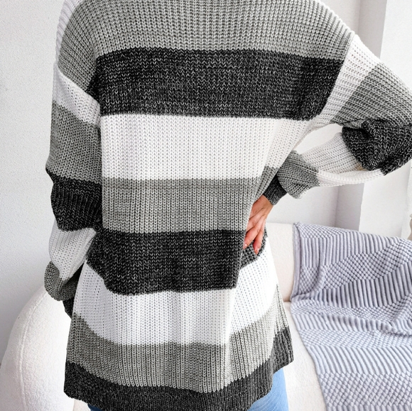 Striped Rib-Knit Open Front Longline Cardigan - Picture 4 of 4